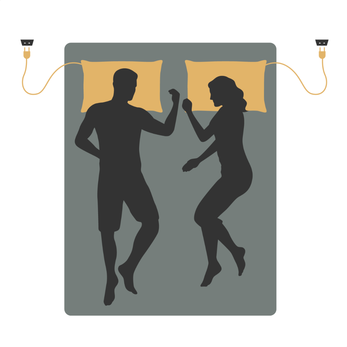 Illustratie van twee personen in bed, elk met een geaarde kussensloop aangesloten op het stopcontact