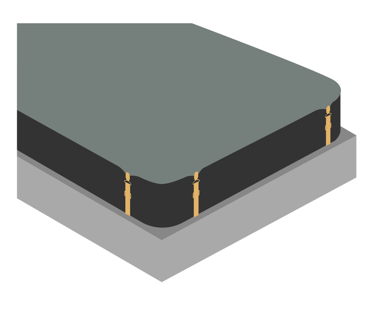 Illustratie van een matras met vier lakenspanners onder de hoeken van het laken